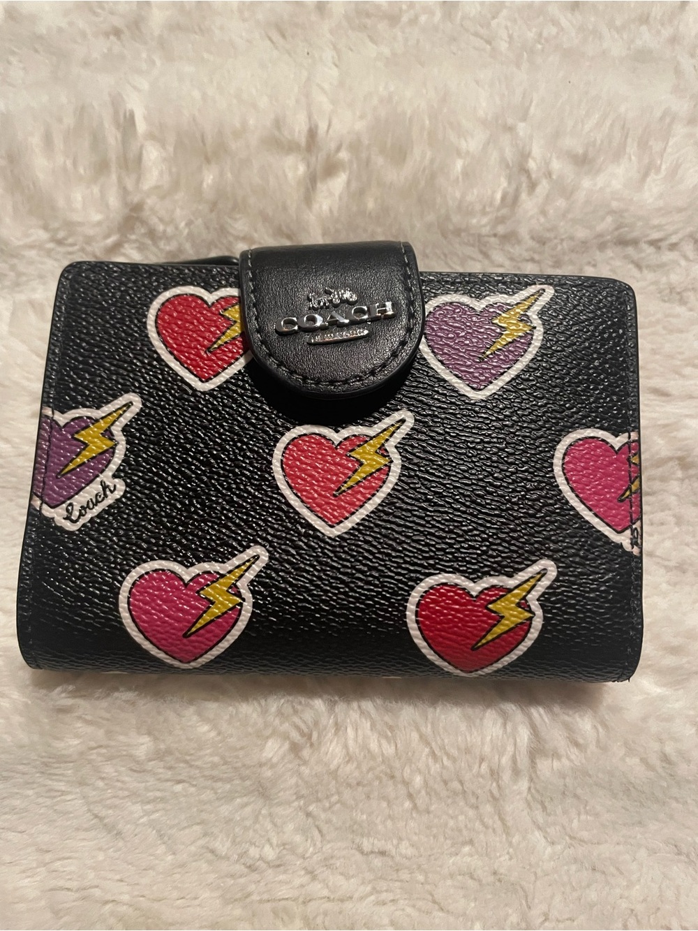 Coach Black Leather Heart & Lightning Compact Wallet